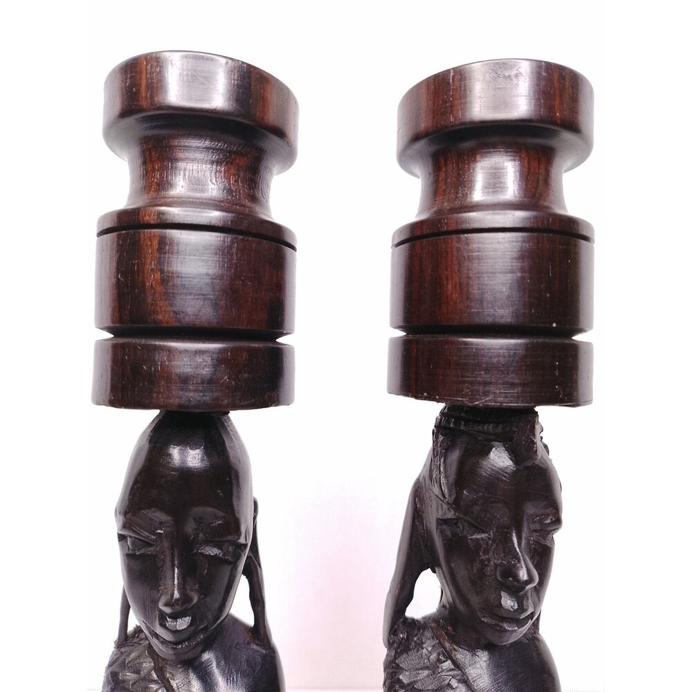 Vintage Mid-Century African Hand-Carved Ebony Wood Candlesticks - Picture 15 of 16